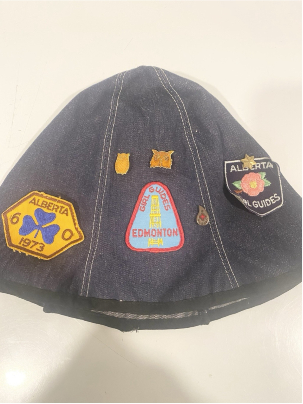 Vintage 1970s Alberta Girl Guides Denim Camp Hat Edmonton Badges Pins